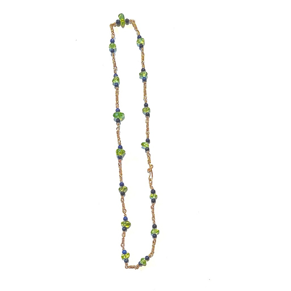Artisan Gold 14” Choker Wire Wrapped Lapis & Peridot, Safety Clasp 80s Pre Owned